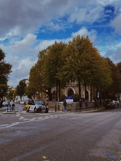 A row of traditional Victorian-style terraced houses with bay windows, painted in muted shades of blue, cream, and gray, located on a residential street in Notting Hill. In the foreground, two black communal rubbish bins with blue lids are situated on a paved pathway, next to a grassy verge. To the left, a large leafy tree with fresh green foliage extends over the scene, partially shading the bins. The background features a partly cloudy sky with soft, white clouds and patches of blue. The surrounding environment includes a low wooden fence separating the pavement from the front gardens of the houses, which are landscaped with small shrubs and plants. The scene reflects an organized, maintained urban area with an emphasis on straightforward waste collection, illustrating a typical setting for local rubbish disposal or private waste handling services like those provided by Waste Collection Notting Hill, supporting the effective management of communal waste in residential neighborhoods.
